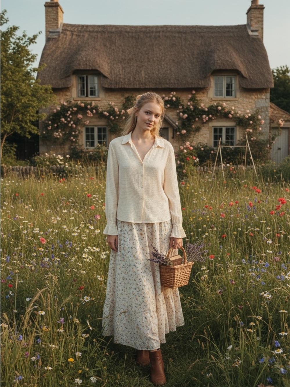 Rena Rowan -silk- Cream Flowy blouse- cottagecore boho
